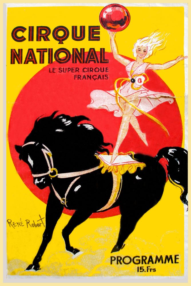 Affiche publicitaire de collection du Cirque National présentant une voltigeuse en robe rose volante avec un ballon rouge dans la main debout sur un cheval noir frison au trot, sur un fond jaune et rouge.