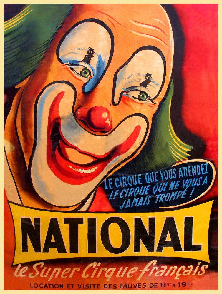 Peinture publicitaire du Cirque National français d'un portrait de clown au maquillage traditionnel et une perruque verte sur fond rouge.