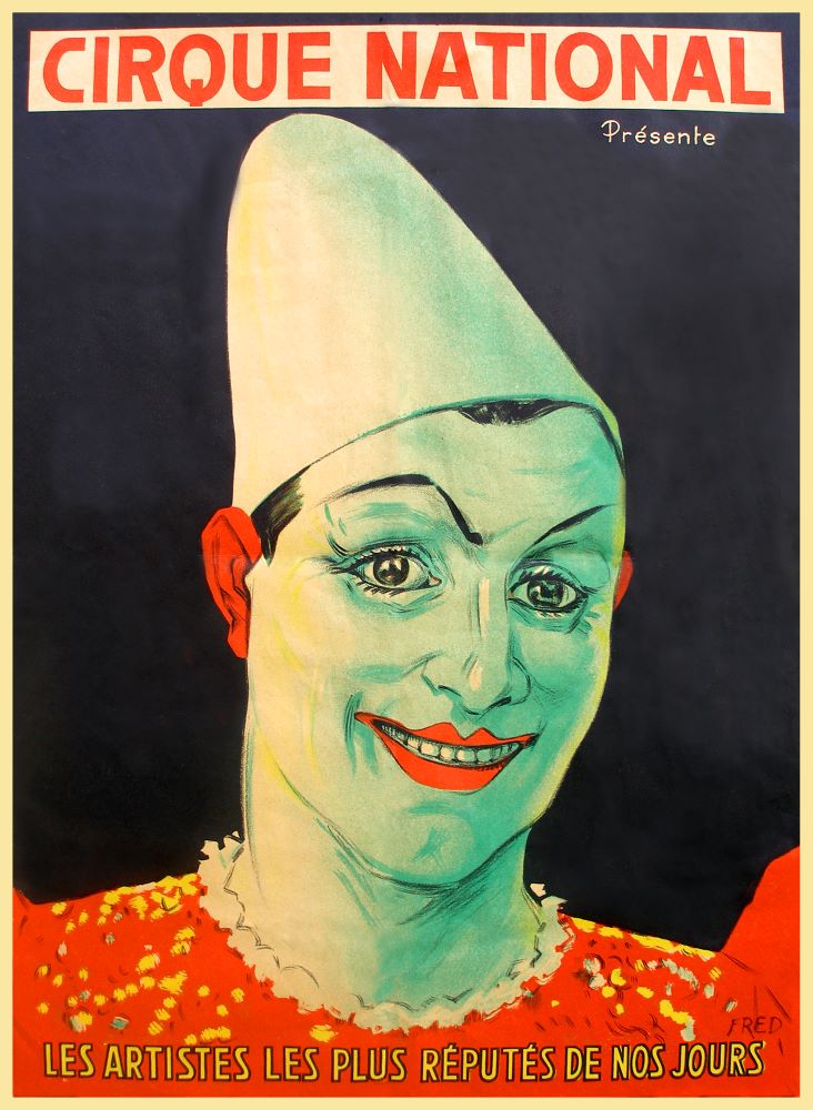 Vieille affiche présentant un clown blanc avec un costume rouge, maquillé avec un chapeau en cône blanc, sur fond bleu nuit et indiquant en titre Cirque National