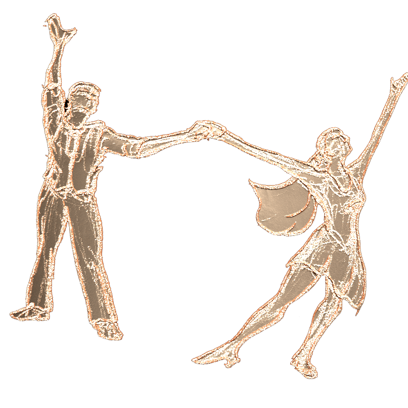 Personnages dessinés en or cuivré d'un homme dansant avec une femme