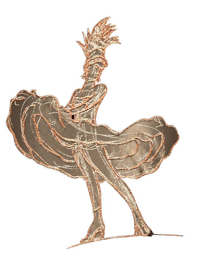 Personnage dessiné en or cuivré, représentant une femme danseuse avec une robe de french cancan et une coiffe cabaret