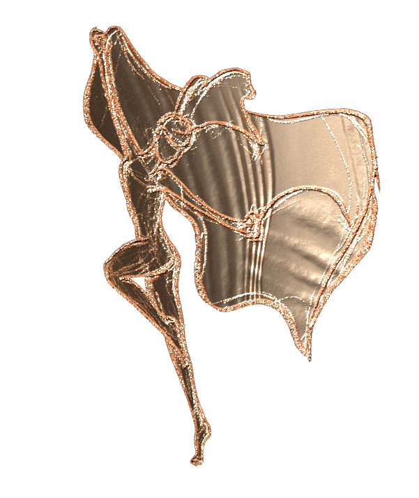 Personnage représentant une danseuse, dessinée en or cuivrée, avec un tissu volant