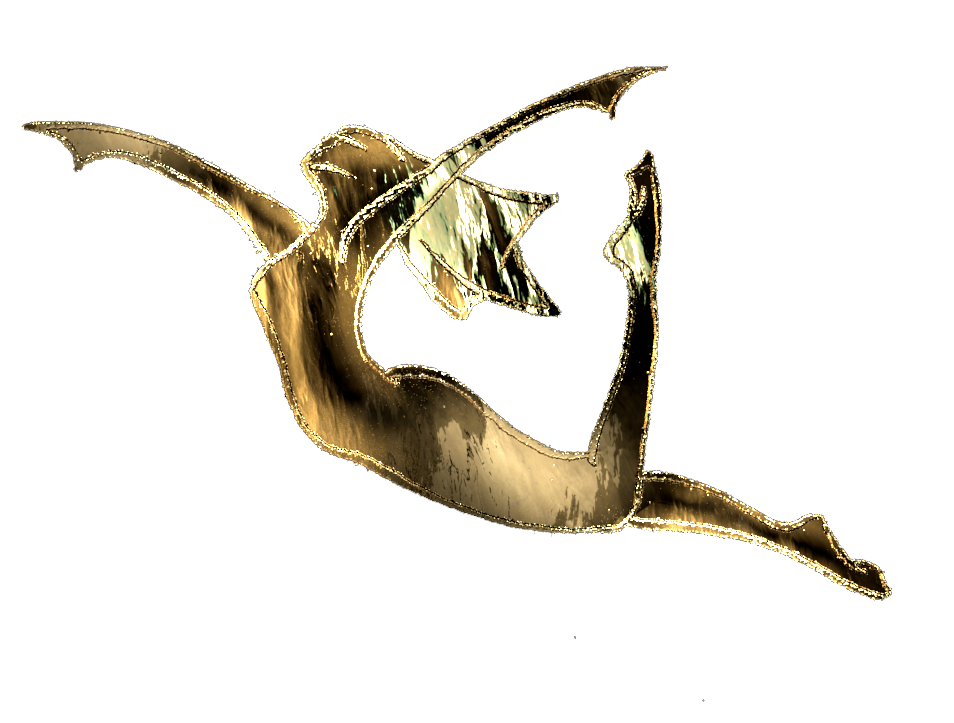 Dessin d'un personnage en or représentant une femme artiste acrobate réalisant une figure artistique