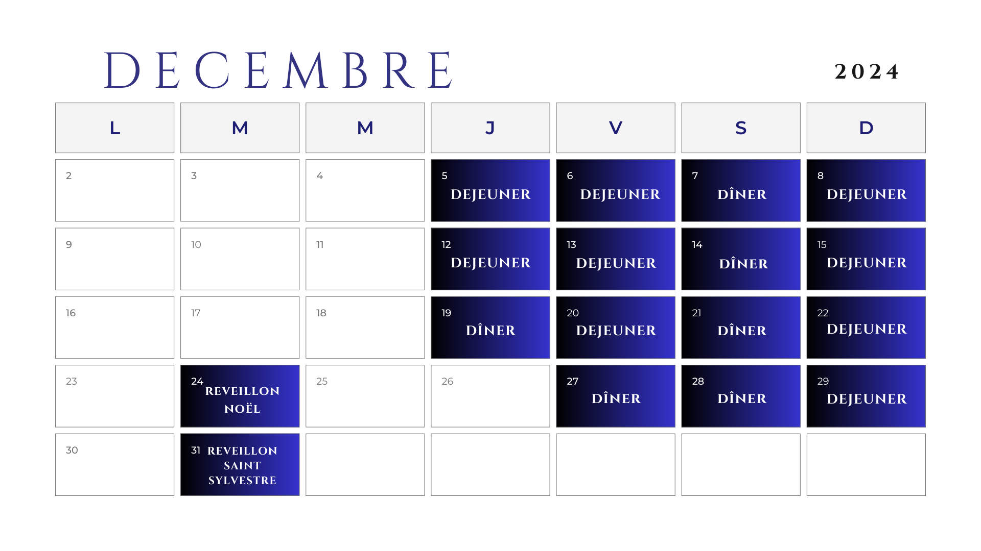 Image présentant un tableau agenda pour le mois de décembre